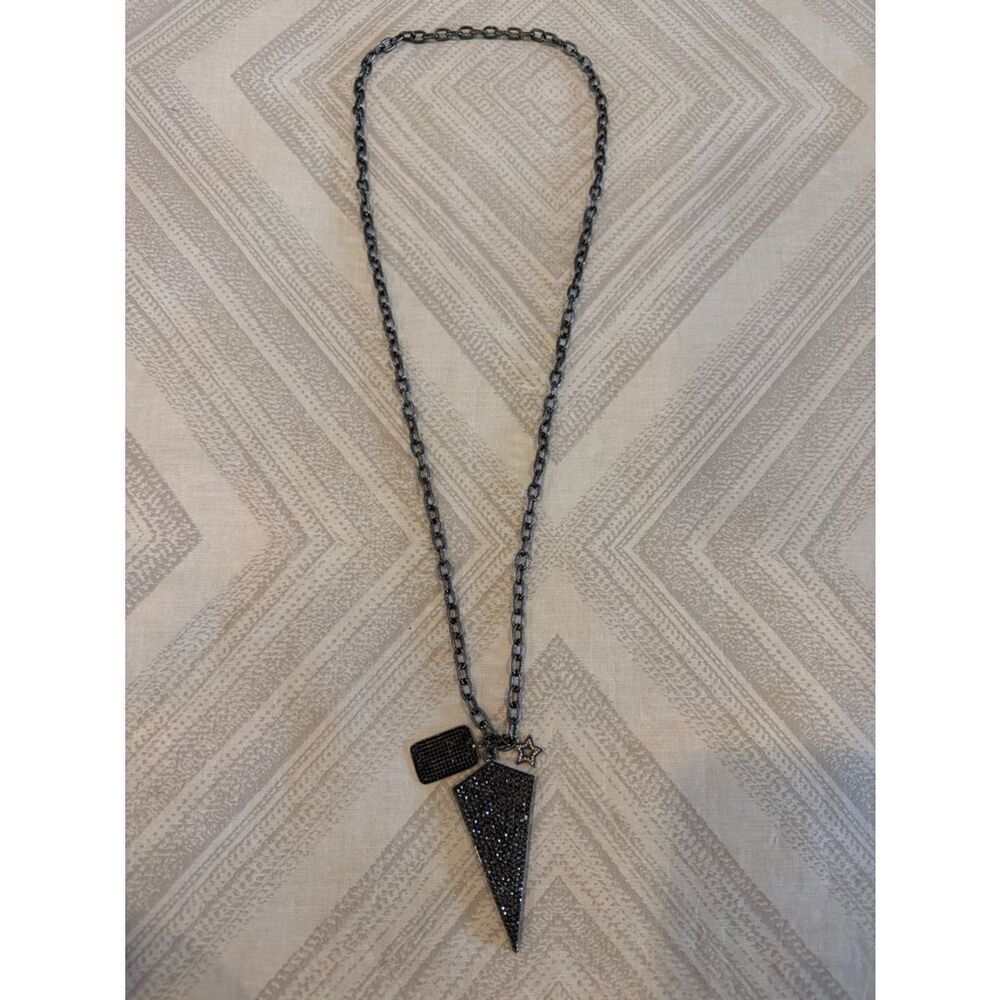Gunmetal Chain with Crystal Triangle Pendant Necklace, Dog Tag & Star